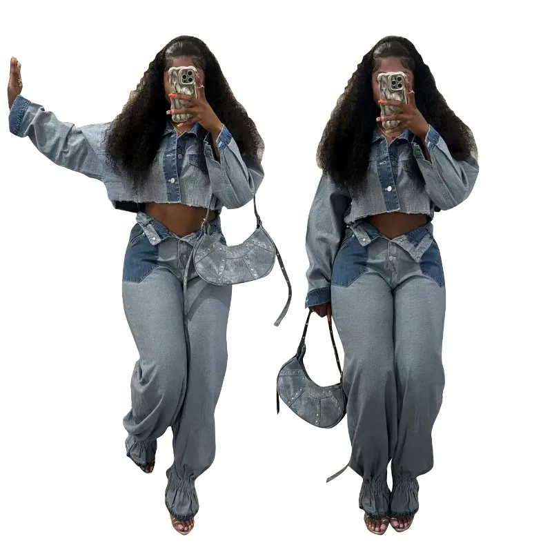 

Women Fashion Patchwork Denim 2 Piece Set Long Sleeve Single Breasted Cropped Jackets Top + High Waist Wide Leg Flare Pants Suit