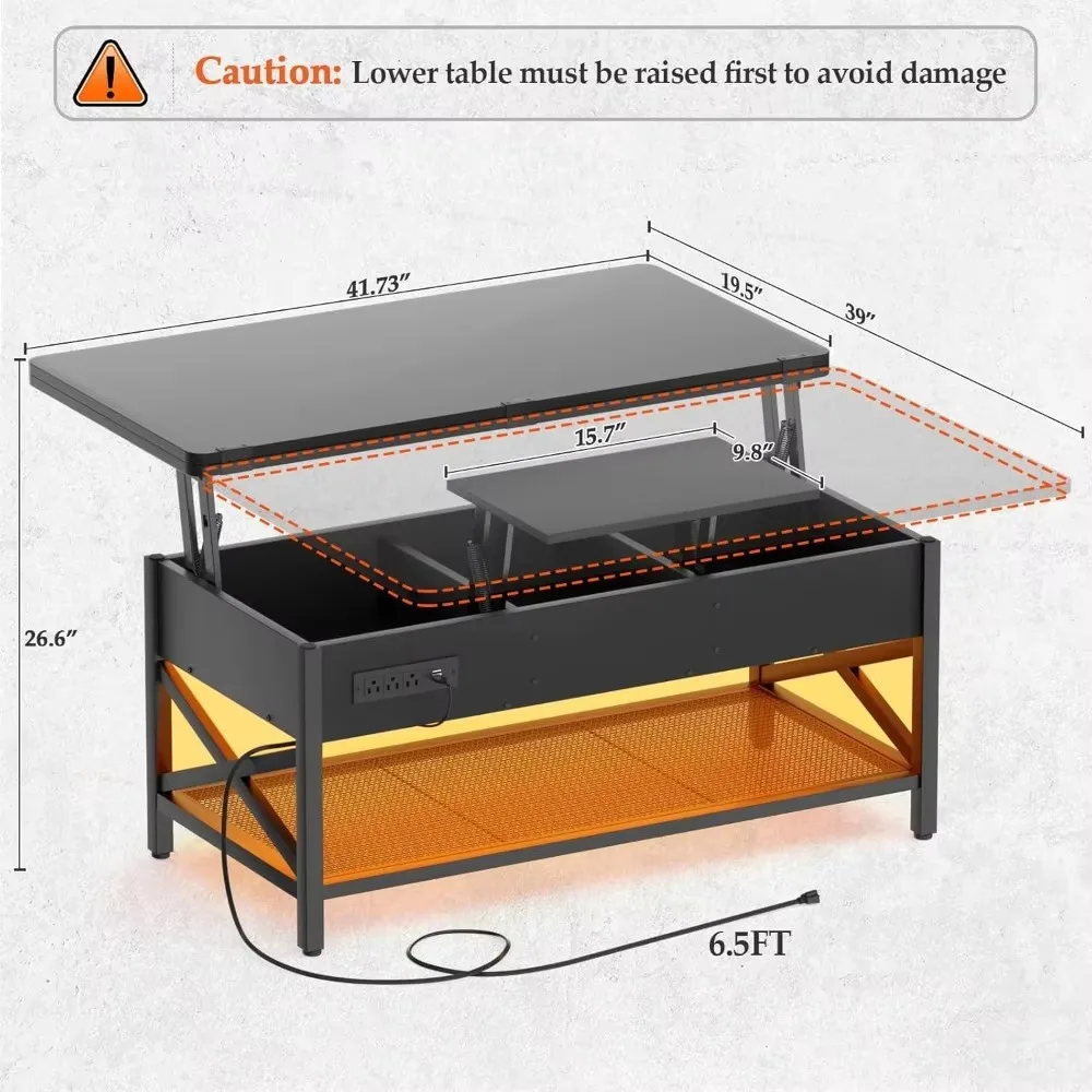 Mesa de centro con tapa elevable multifunción se convierte en mesa de comedor con luces LED y toma de corriente, mesa central con estante, negro