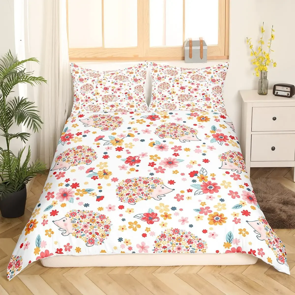 Hedgehog Duvet Cover Set, Decor 3 Piece Bedding Set with 2 Pillow Sham, Full Size, for Kids Boys Girls Adults Comforter Cover