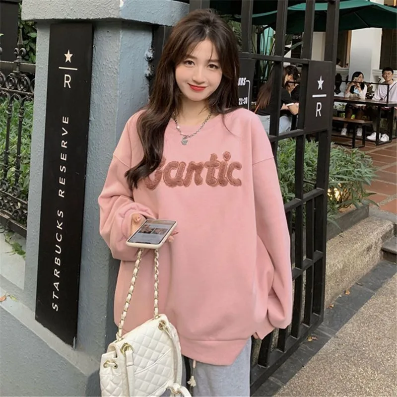 

2024 O-neck Sweatshirts Women Autumn and Winter Korean Style Letters Loose Long Sleeve Tops Fashion High Street Pullovers Female