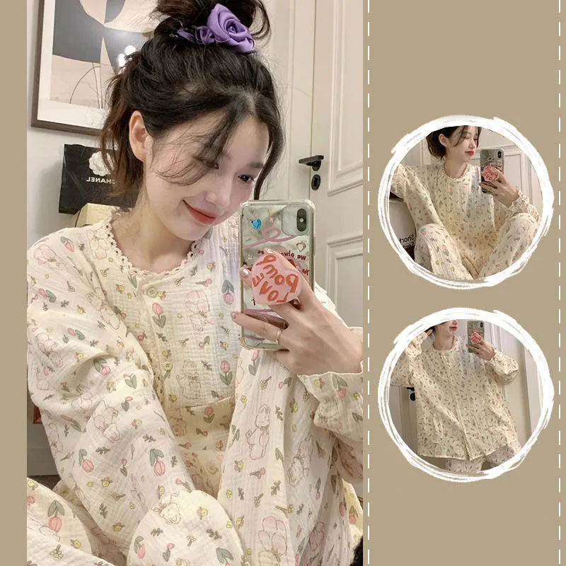 Korean Sleepwear Women Pajama Sets Floral Long Sleeve Piiama Cute Spring Sets for Women 2 Pieces Night Wears Sleeping Home Suit