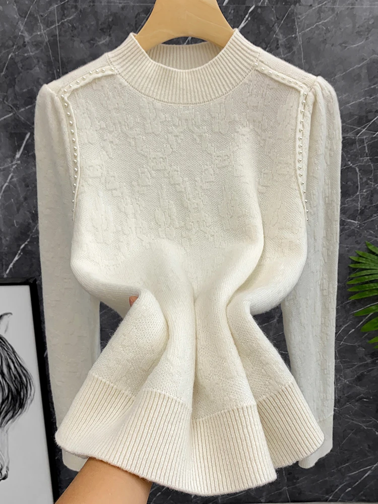 

Вязаный свитер Ele с жемчужной отделкой, из плотной чистой шерсти, с высоким воротником, белый, для повседневной носки, с длинными рукавами, стандартный крой