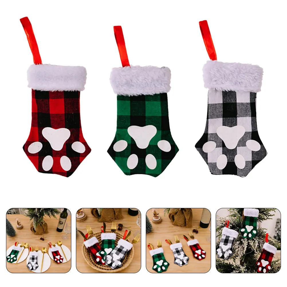 

3Pcs Christmas Stocking Cat Claw Design Hanging Ornament for Gift Treat Bags Decorative Xmas Tree Decoration Indoor