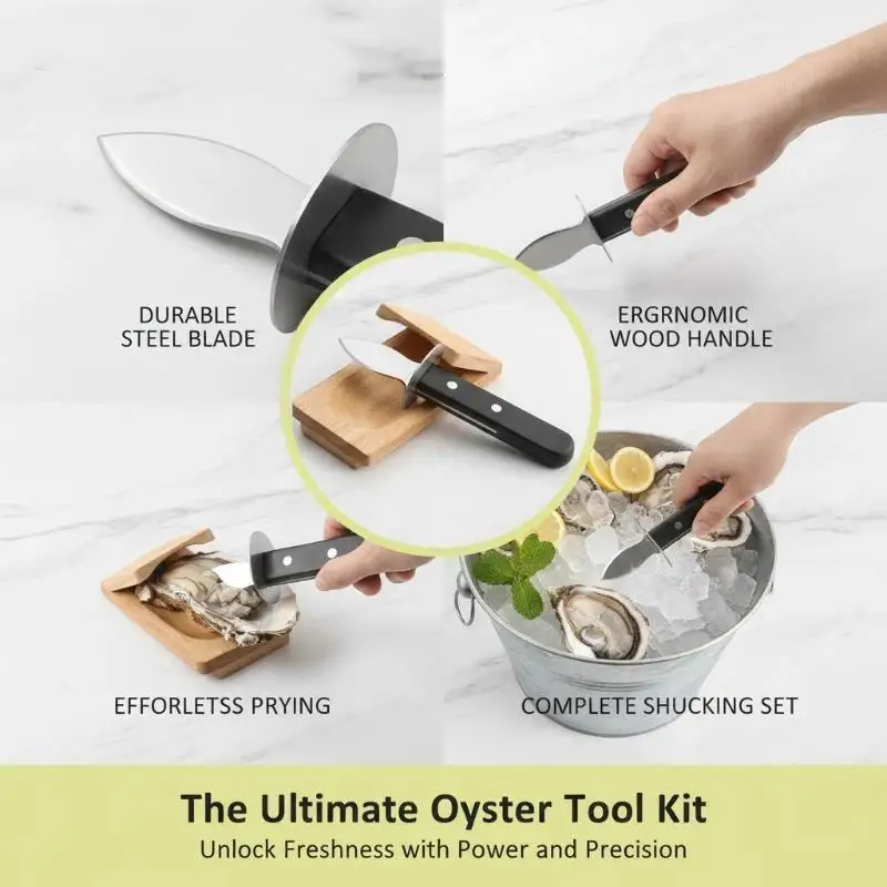 Stainless Steel Oyster Shucking Knife Non Slip Handle Wooden Holding Base For Home Kitchen Seafood Cooking Restaurant Use