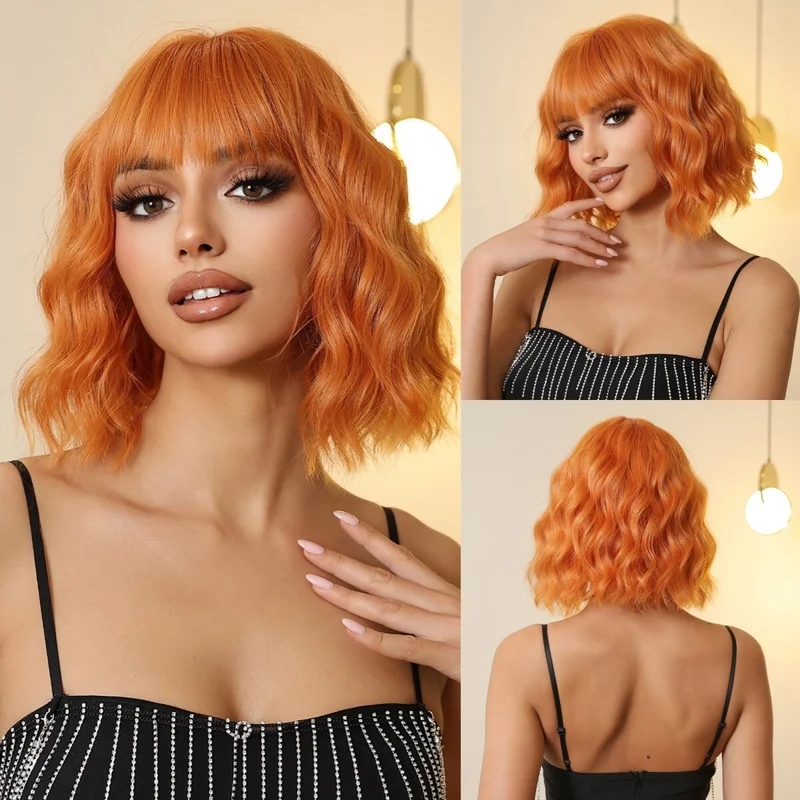 

Боб Половина Рыжий Блондинка Синтетическая Челка Косплей Хэллоуин Короткий Волнистый Парик