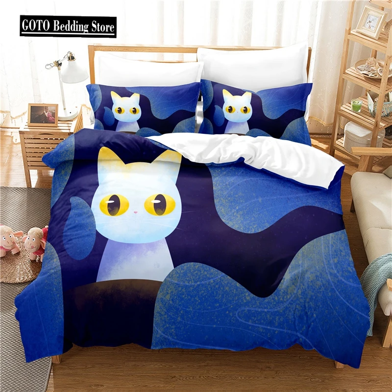 3D Cartoon Bedding Sets for Kids and Adults, Duvet Cover Set for Boys,Blue Home Textile, Cute Animal kittens, Size 140x210cm