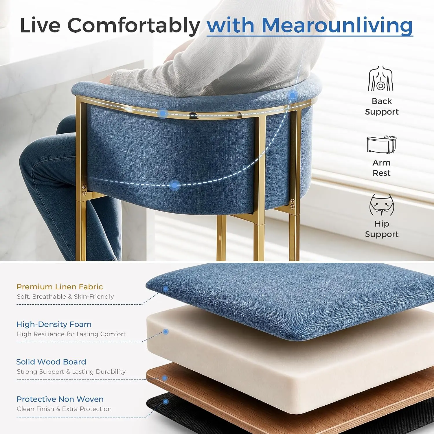 26" Counter Height Bar Stools Modern Barrel Backrest Linen Upholstered Kitchen Island Gold Frame 450LBS Blue, Customized - view 3