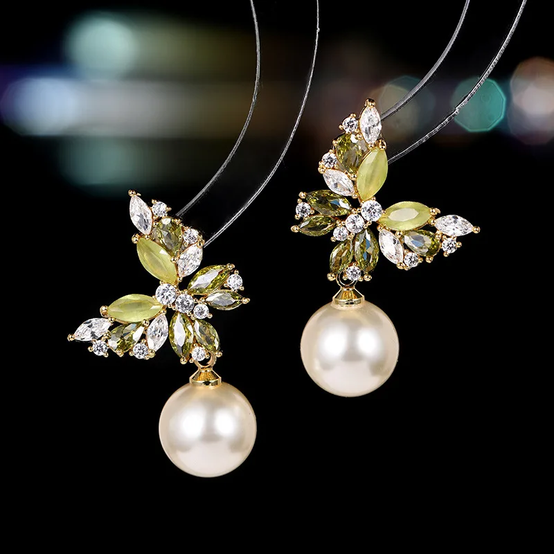 Spring and Summer New Super Fairy Sweet Zircon Butterfly Pearl Earrings for Women S925 Silver Needle Fashion Light Luxury High-e