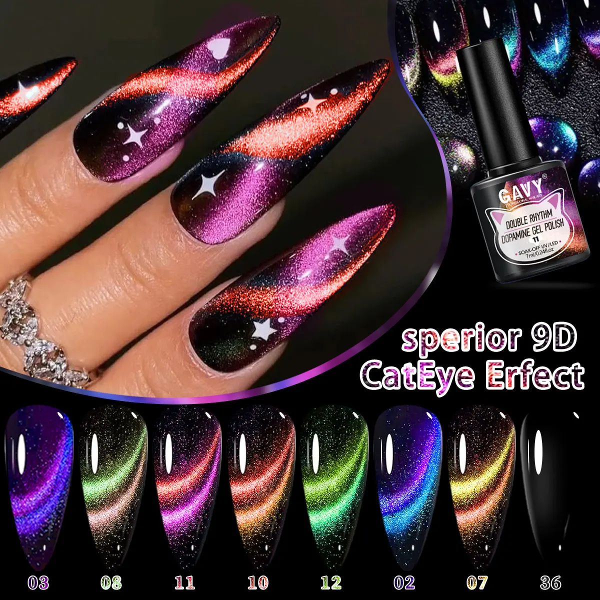 

8 pieces Dopamine cat eye with black base coat - Two-tone shimmering gradient color, suitable for home DIY manicures