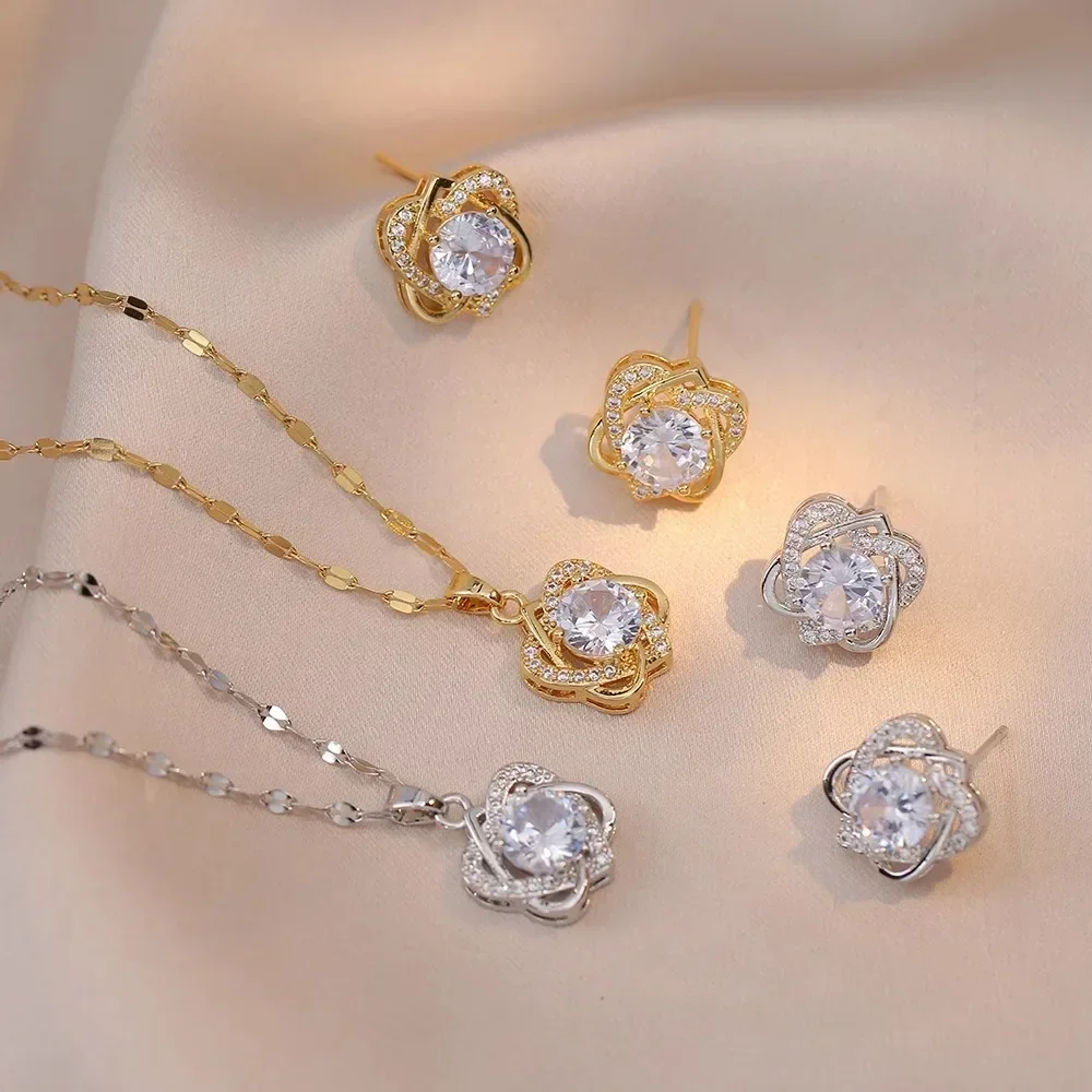 Charm Stainless Steel Luxury Brand Crystal Heart Stud Earrings for Women Temperament Gold Color Zircon Necklace Jewelry Set Gift
