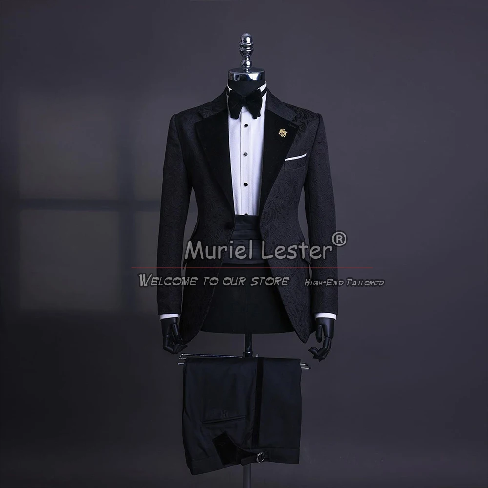 Formal Groom Wear Men Suits Black Peaked Lapel Jacquard Blazer Tailored 3 Pieces Boyfriend Tuxedo Plus Size Male Fashion Dress