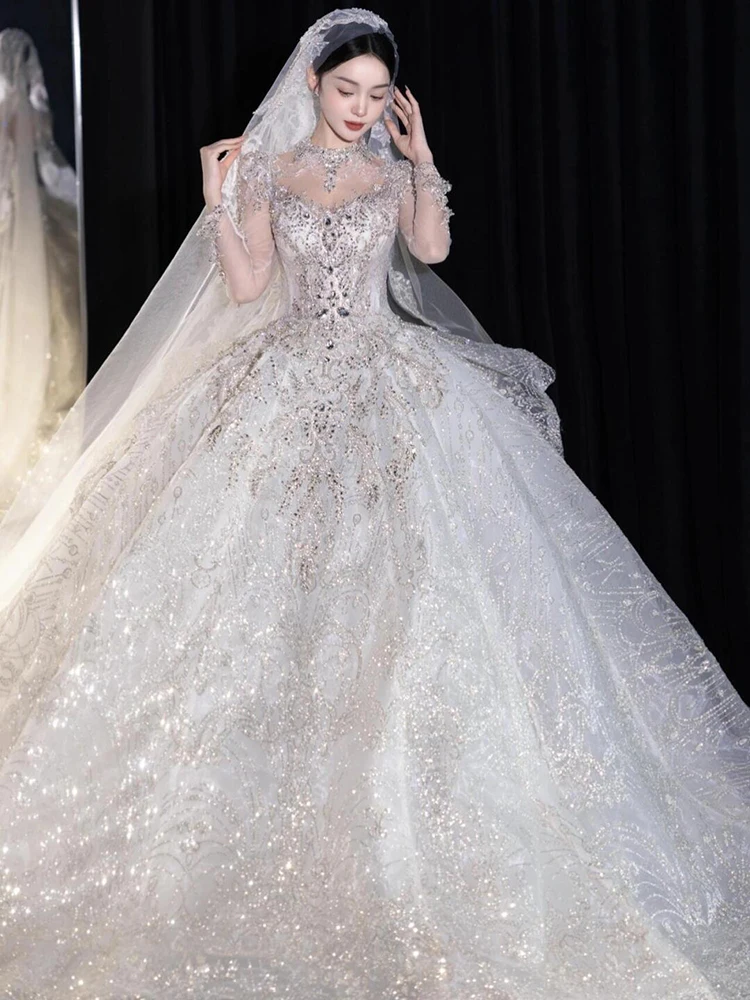 Ruiente-Robe de Mariée à Col Haut, Tenue de Bal de Luxe, Grande Taille, 2024