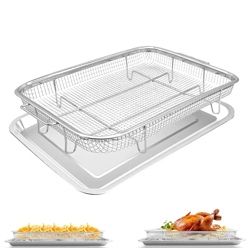 

Air Fryer Basket for Oven, 2 Pieces 15.5 * 11.6'' Non-Stick Stainless Steel Mesh Grill Baking Tray & Roasting Rack for Convec