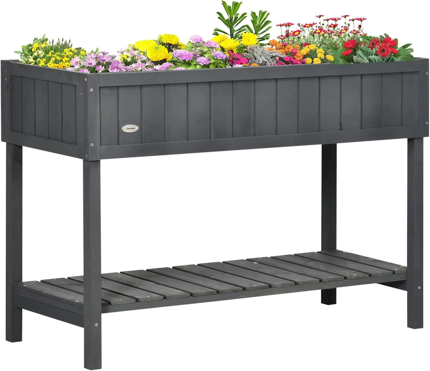 

Raised Garden Bed with 8 Pockets & Shelf, Wooden Elevated Planter Box for Herbs, Vegetables, Flowers, Dark Gray