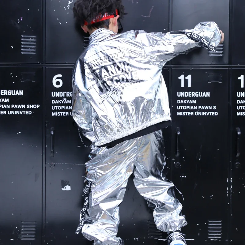 Boys Hip Hop Sliver Jacket Girls Jazz Joggers Pants Clothes Set Kids Sequins Street Dance Costumes Teen Shining Child Streetwear
