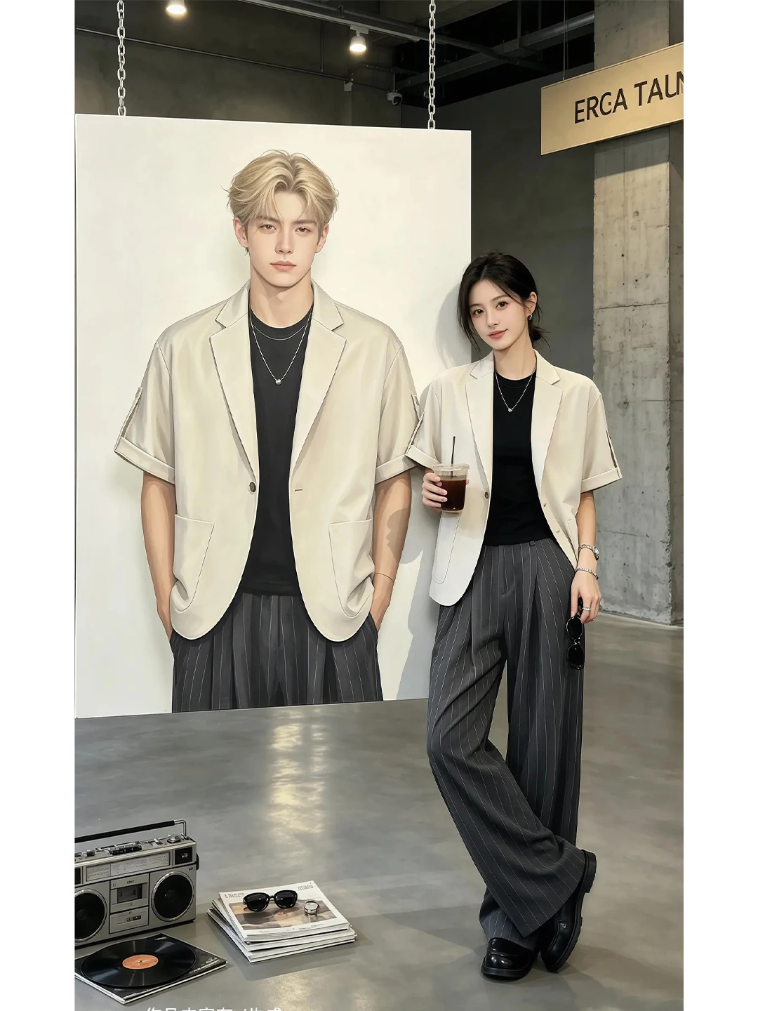 Men's Commute Casual Two-Piece Suit Short Sleeve Wide Leg Pants Loose Fit Summer High Sensation Commuting Outfit Ensemble