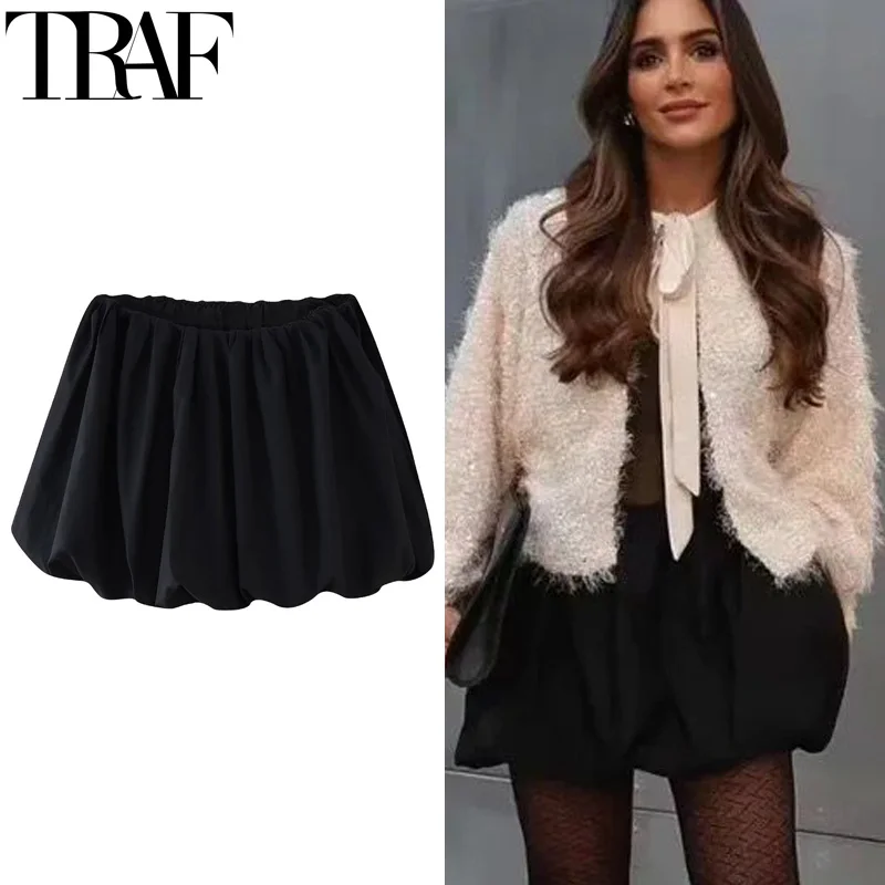 

TRAF Black Balloon Skirts For Women High Waist White Mini Skirt Summer Puff Short Skirt Woman Ruched Casual Lantern Girls Skirt