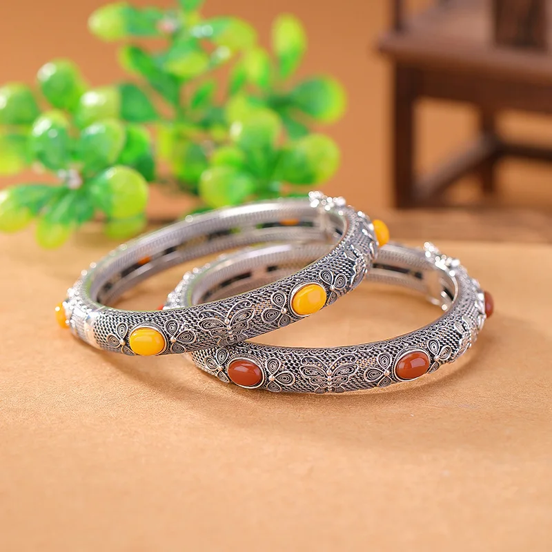 S925 Sterling Silver Amber Red Surface Hollow Filigree Elegant Bracelet