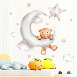 Cartoon Bear Wall Sticker Moon Clouds Stars Animals Paster Kids Rooms Baby Boys Girls Home Bedroom Decor Nursery Wallpaper Decor