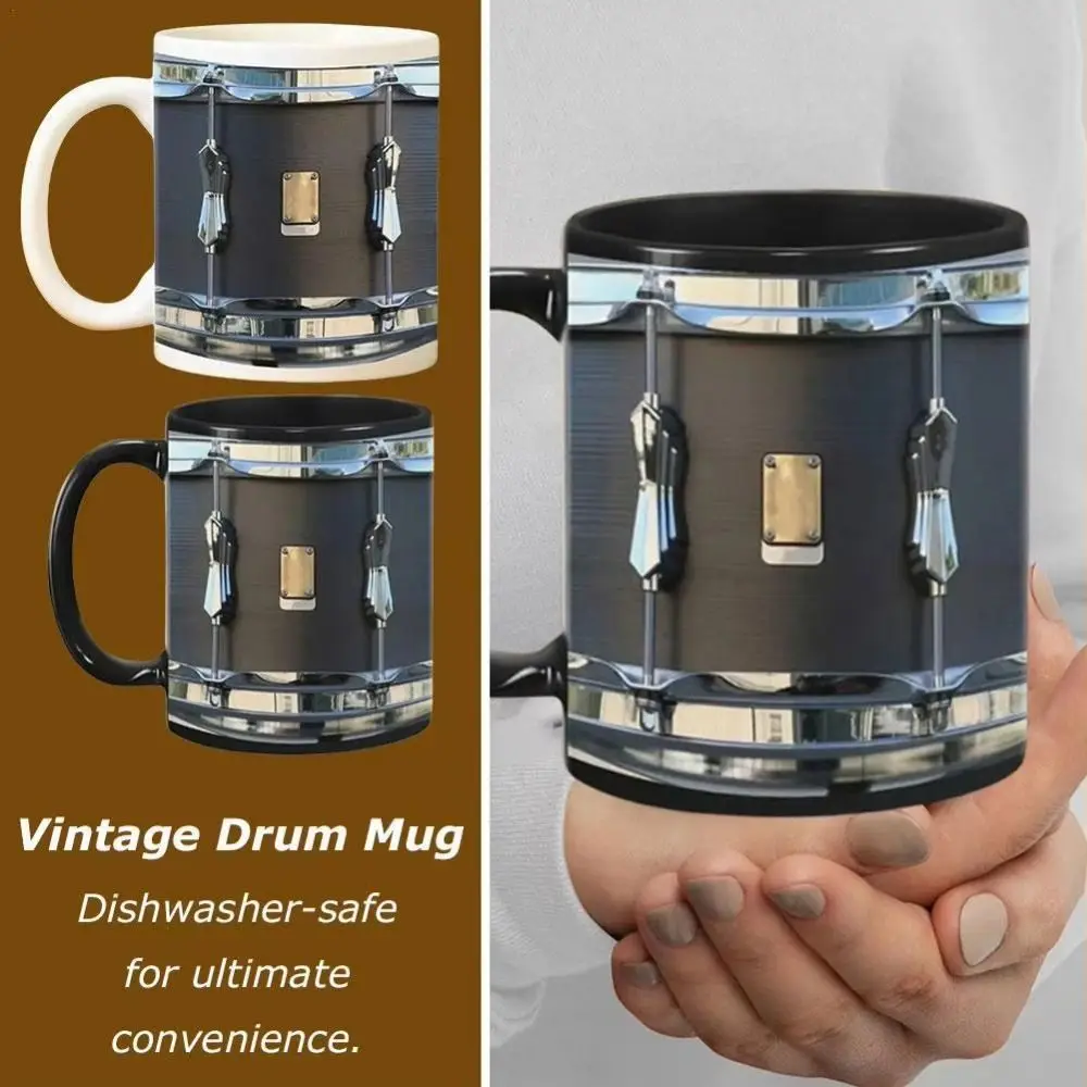 

With Spoon Vintage Drum Mug Heat-resistant Comfortable Handle Ceramic Water Cup Easy To Clean Realistic Drum Design Drinkware