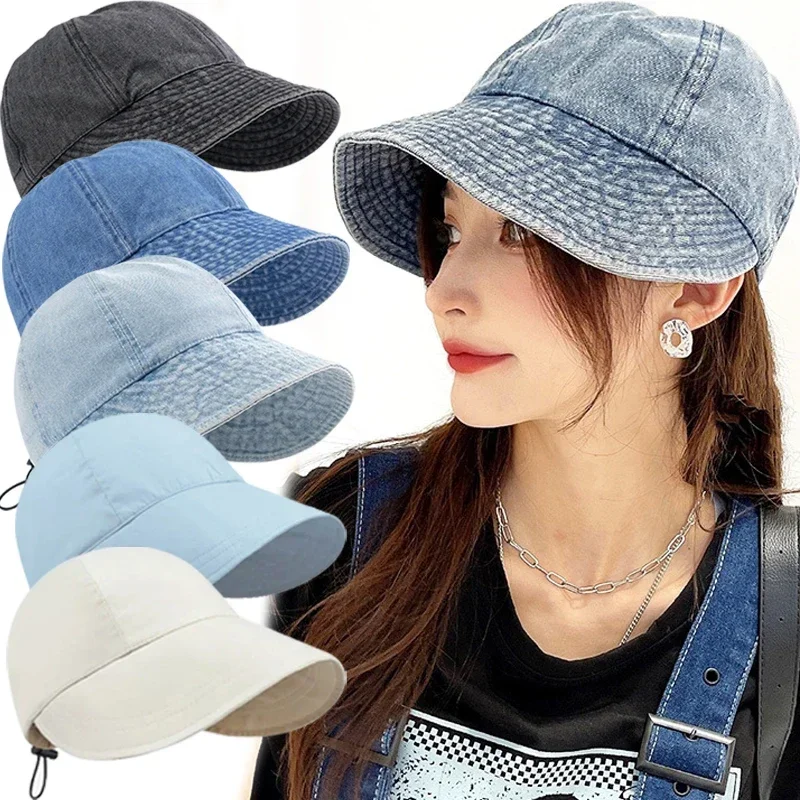 Women's Vintage Fashion Baseball Hat Summer Drawstring Denim Fisherman Hat Adjustable for Outdoors Visors Sunshade Sunscreen Cap