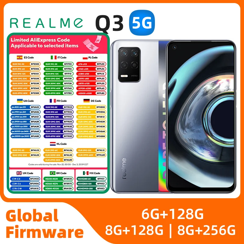 Realme-Q3 أندرويد 5G مقفلة الهاتف الذكي ، 6.5 "، 256G ، جميع الألوان ، حالة جيدة ، الأصلي ، وتستخدم