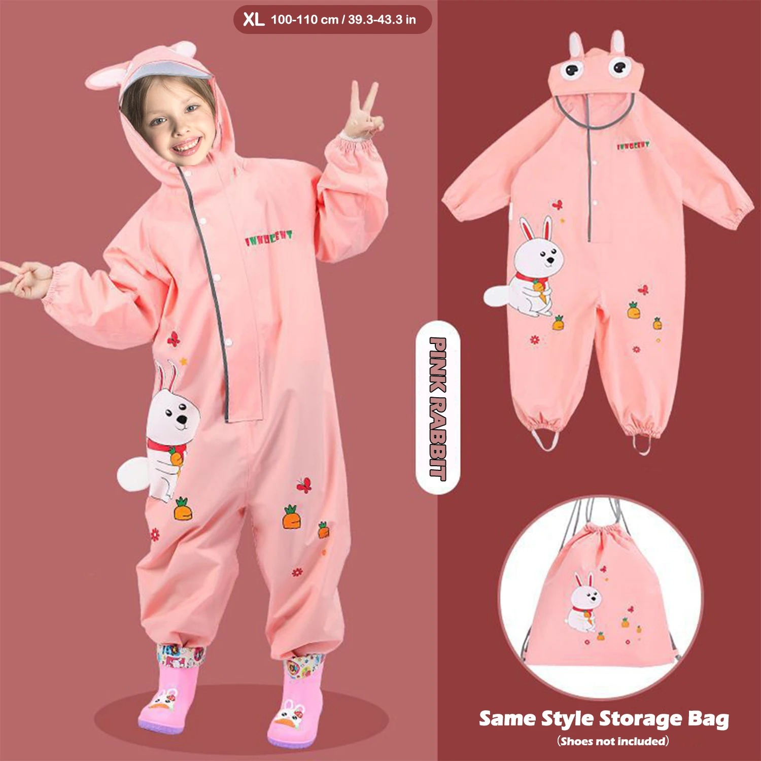 Cute Colorful Rabbit /Dinosaur Raincoat For Kids Boys Girls Waterproof Jumpsuit Hooded One-Piece Cartoon - 3D Illustrated