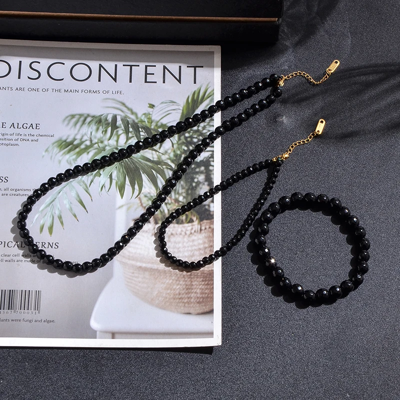 Faceted Black Onyx Beaded Choker Necklace Anklet Set Summer Beach Women\'s Jewelry Gift with Stainless Steel Lobster Clasp
