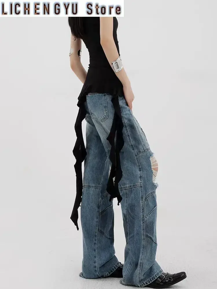 Women Dirty Design Summer Thin Hole Jeans Young Girl Street Straight Bottoms Vintage Casual Trousers Female Wide Leg Pants
