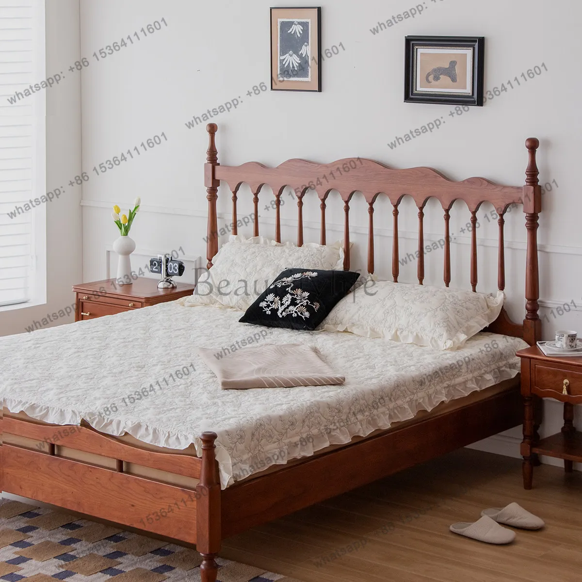 French retro all solid wood cherry wood medieval Windsor bed master bedroom double bed 1.5 meters