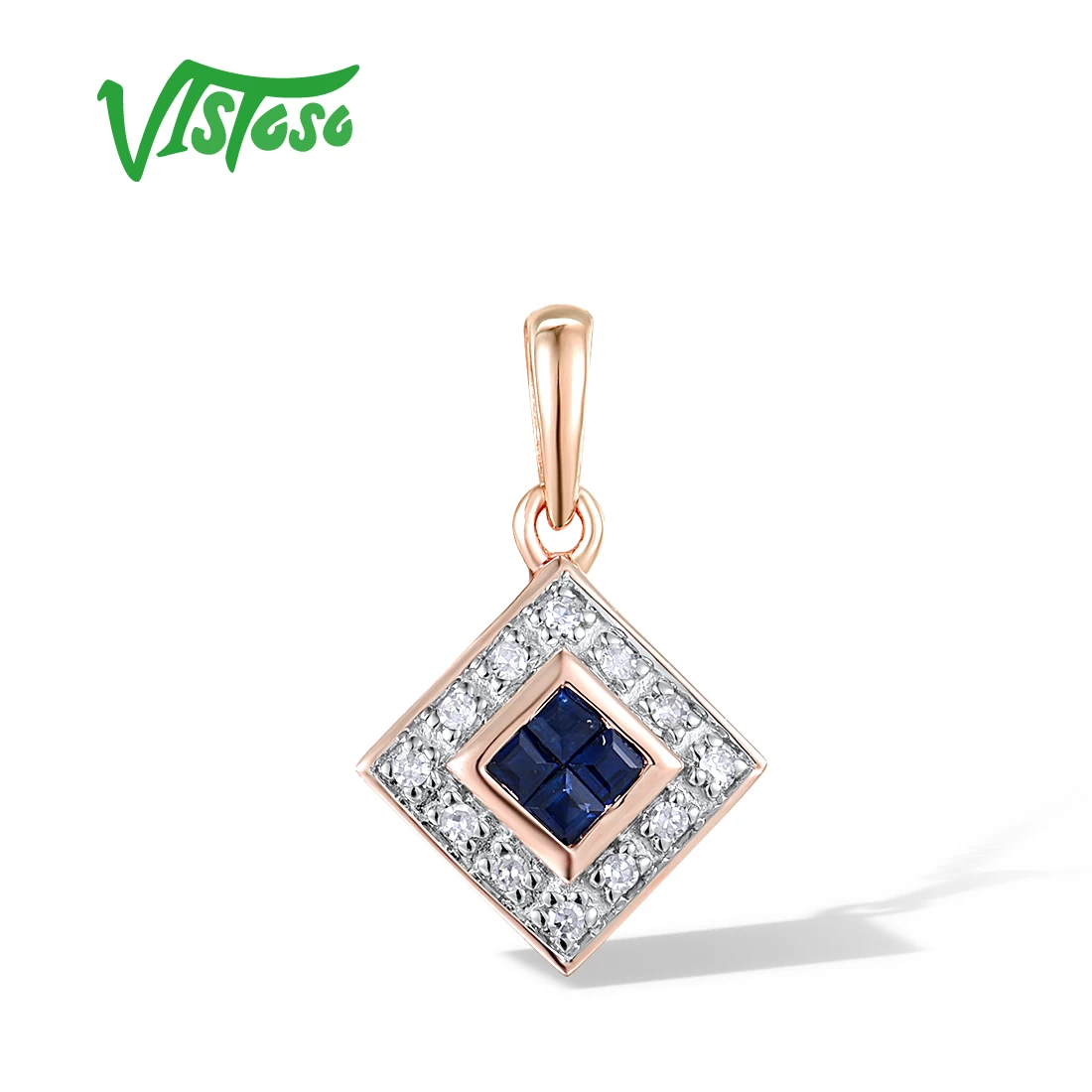 

VISTOSO Gold Pendants For Women Authentic 14K 585 Rose Gold Sparkling Blue Sapphire Diamond Square Pendant Shiny Fine Jewelry