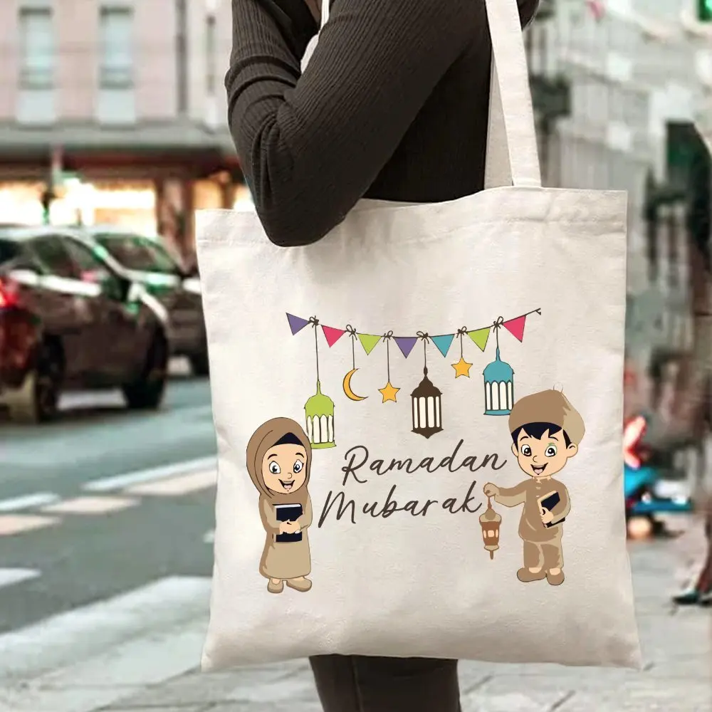 

Ramadan Mubarak printed handbag Large Capacity Trendy Simple Style Durable Tote Bags for Outdoor Picnic Party Traveling Shopping