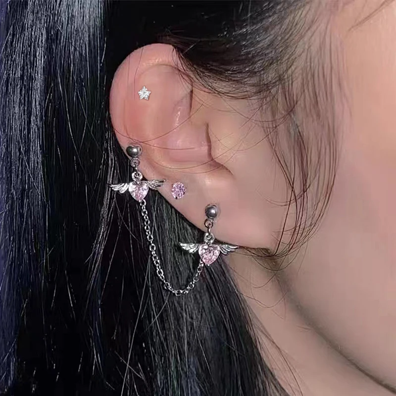 1pc cz Herz mit Flügeln Ohrringe für Frauen koreanischen Stil Helix Piercing Doppels ch raube Bolzen Kette Ohr Zubehör Schmuck kde211