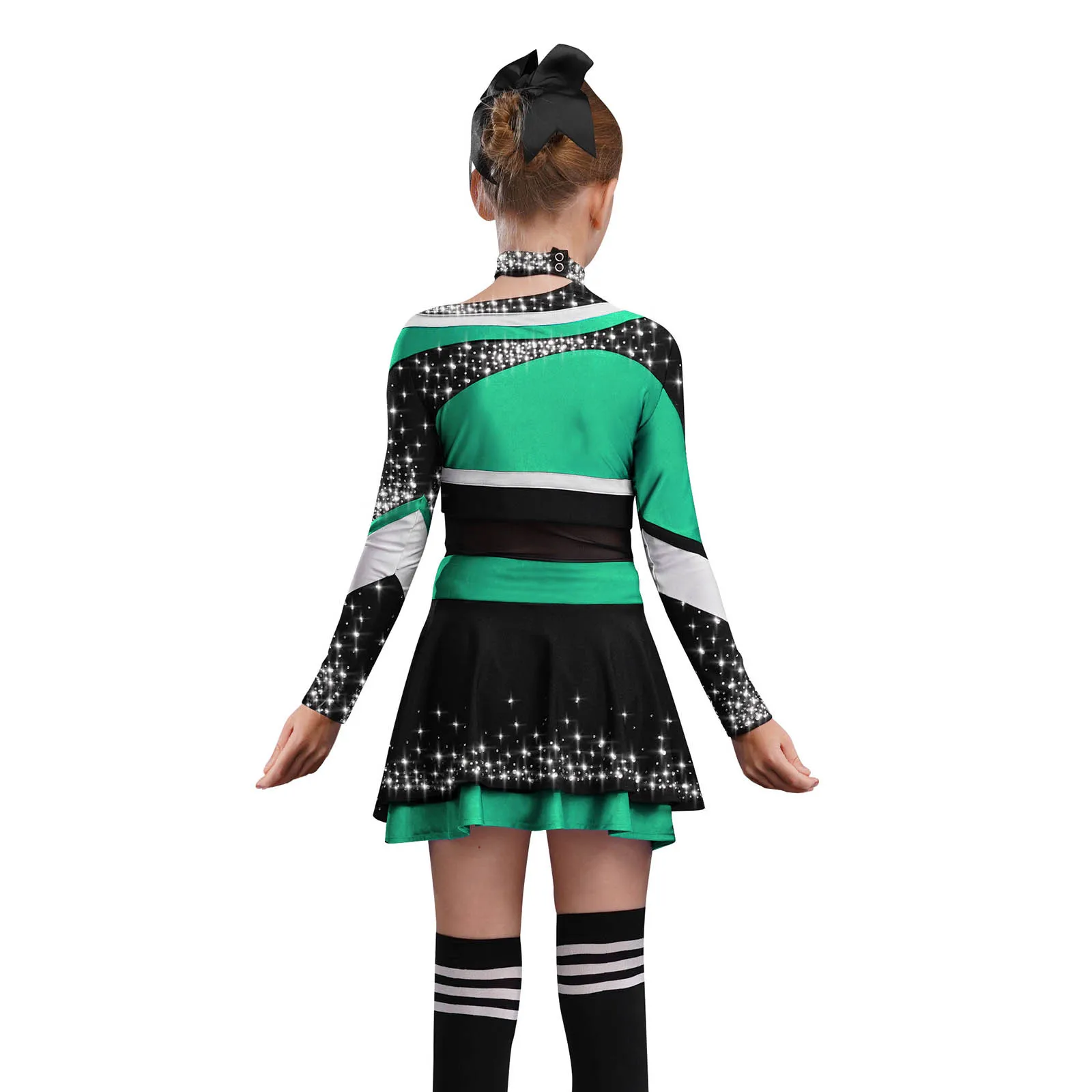Kids Girls Cheerleading Dance Outfits High School Stage Performance Costume Long Sleeve Letter Print Color Block Top with Skirt