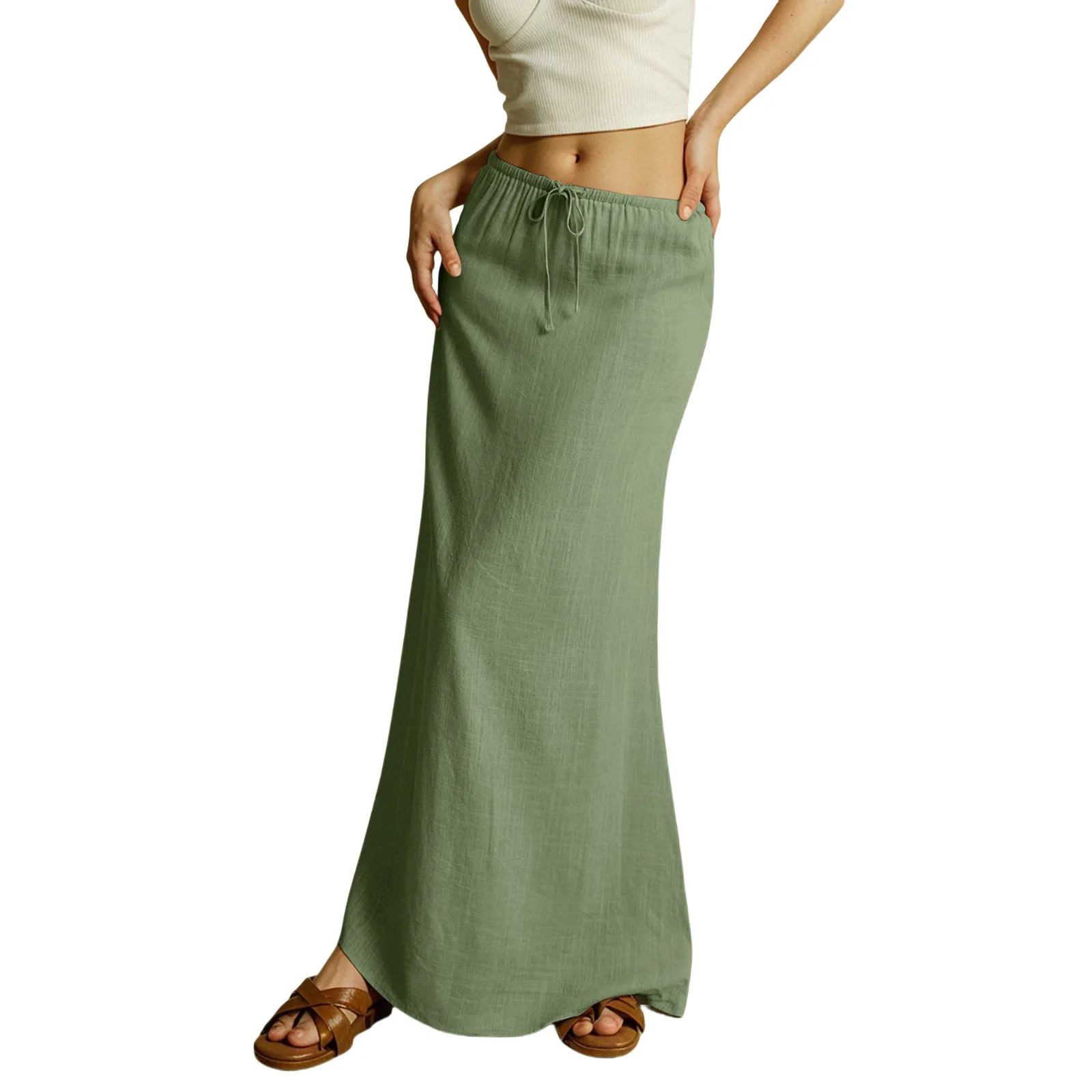Sister Star Women's Skirt Fashion Casual Solid Color Drawstring Elastic Waist Multi-color Elegant Commuter Versatile Midi Skirt