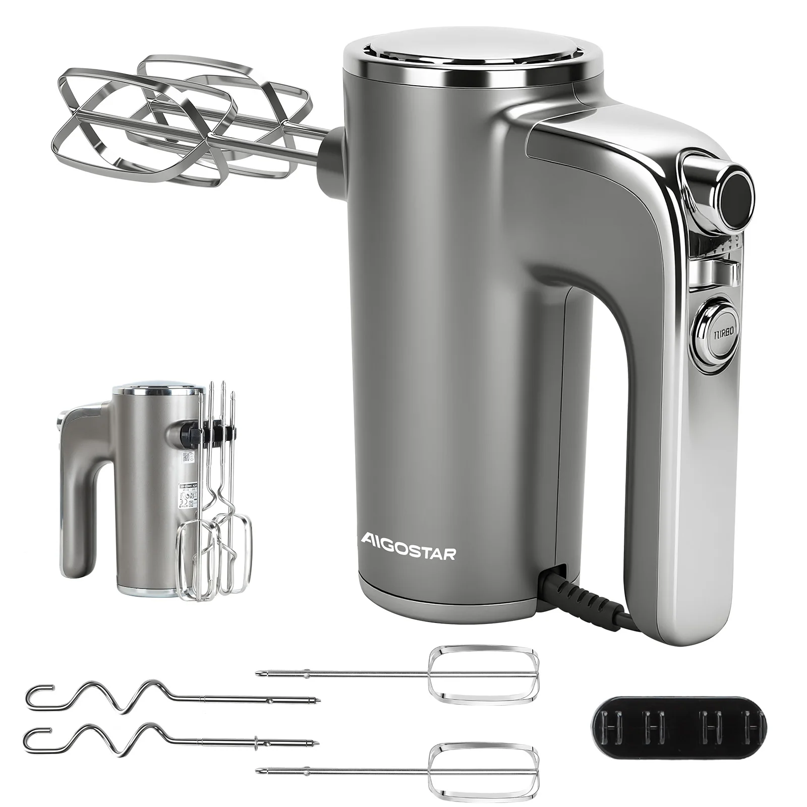 Aigostar Handmixer Elektrischer, 400 W Ultra Power Mixer Handrührer mit 1 Aufbewahrungshalterung, 5 Geschwindigkeiten, Turbo Boost, 2 Schneebesen und 2 Knethaken, für Eier, Teig, Kuchen