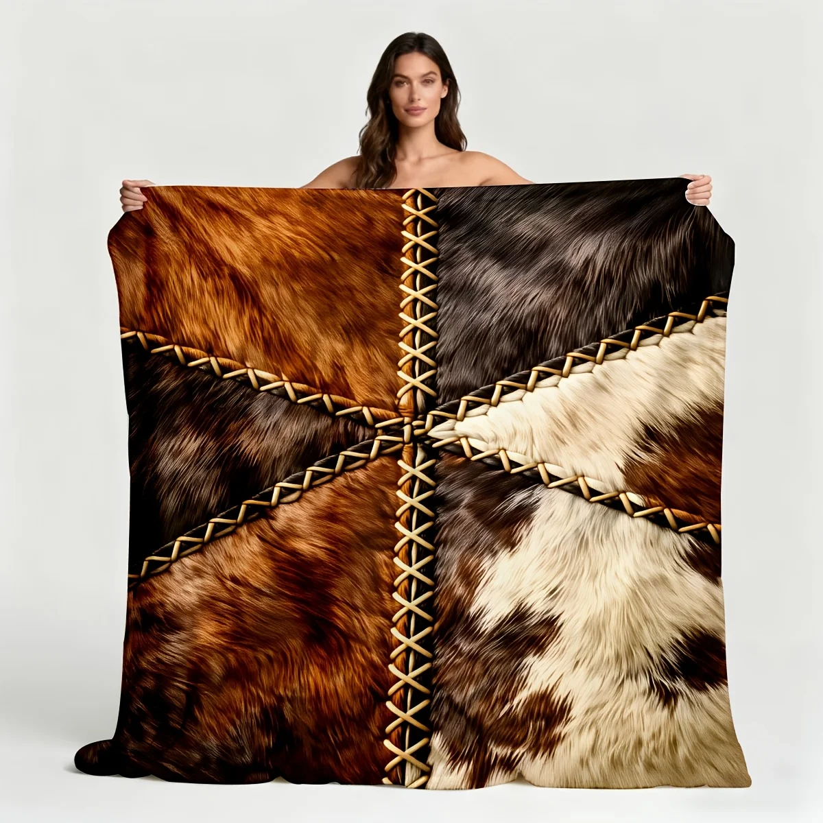 1pc of High-end Geometric Cross-stitch Leather Pattern(caramel Brown/beige/dark Brown) Light Luxury Plush Blanket, Sofa Throw Bl