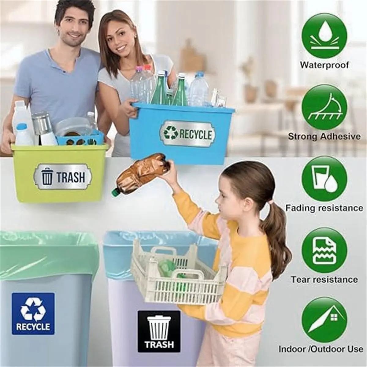 A75K Trash and Recycle Stickers for Bins,4-Piece Set Waterproof Self Adhesive Recycling Stickers for Trash Cans Waste Signs