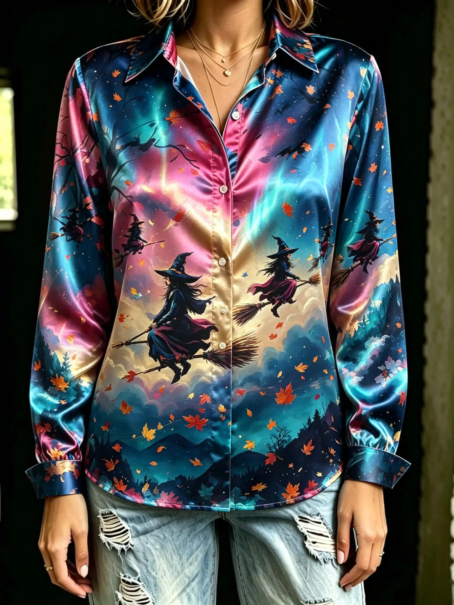 Women Halloween Witch Ghost Crow Pumpkin Print Lapel Collar Long Sleeve Shirt Loose Button‑Down Spooky Casual Office Blouse Tops