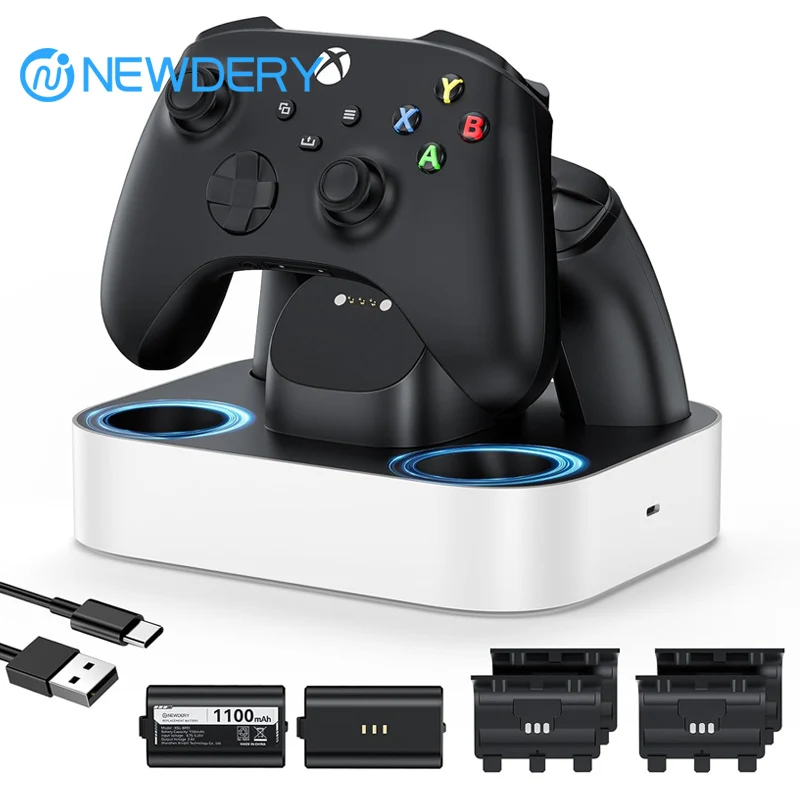 NEWDERY Controller Charger Station for Xbox, Xbox One, Series X, Series S Fast Charging Dock With 2Pcs 1100mAh Battery Packs