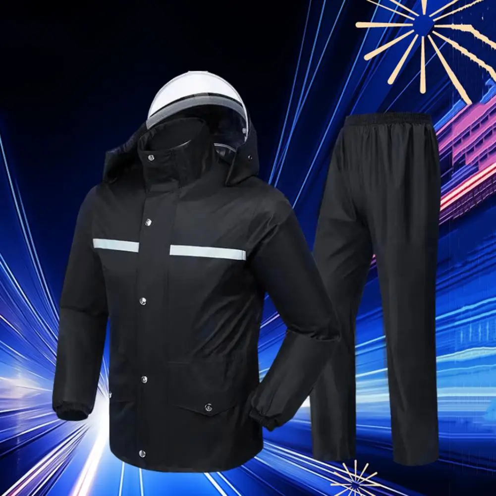 Hooded Jacket Pants Set Waterproof Reflective Stripe Raincoat Pants Set for Men Women Hooded Long Sleeve Rain Jacket