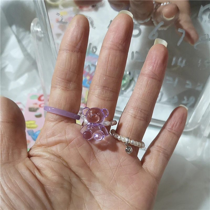 Kpop Cute Goth Purple Transparent Bear Heart Resin Acrylic Bead Rings Set For Women Egirl BFF Y2K EMO Finger Aesthetic Jewelry