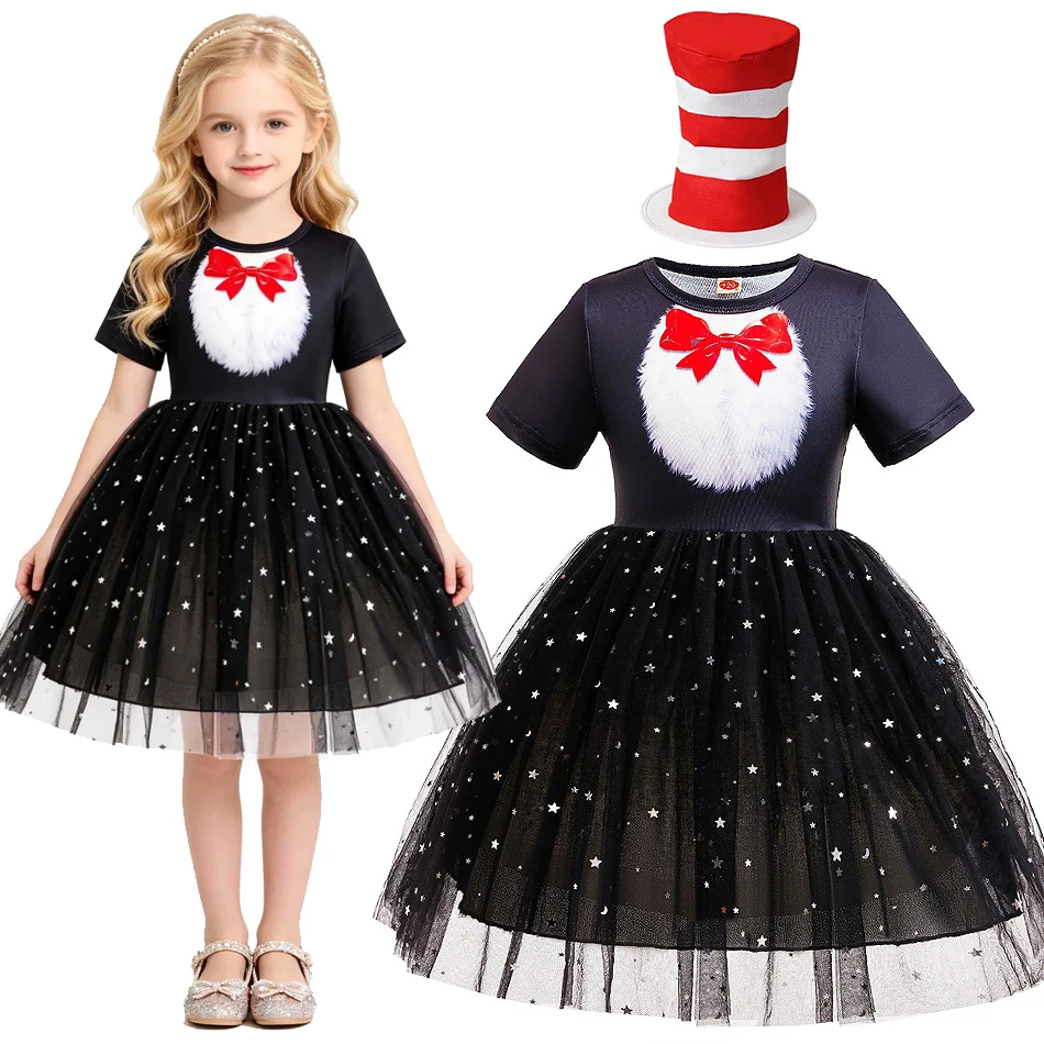 Kinder-Katzenkostüm mit Hut, Pailletten-Netz-Prinzessinnenkleid, Kinder-Bühnenkostüm, Mädchen-Halloween-Karneval-Partykleid