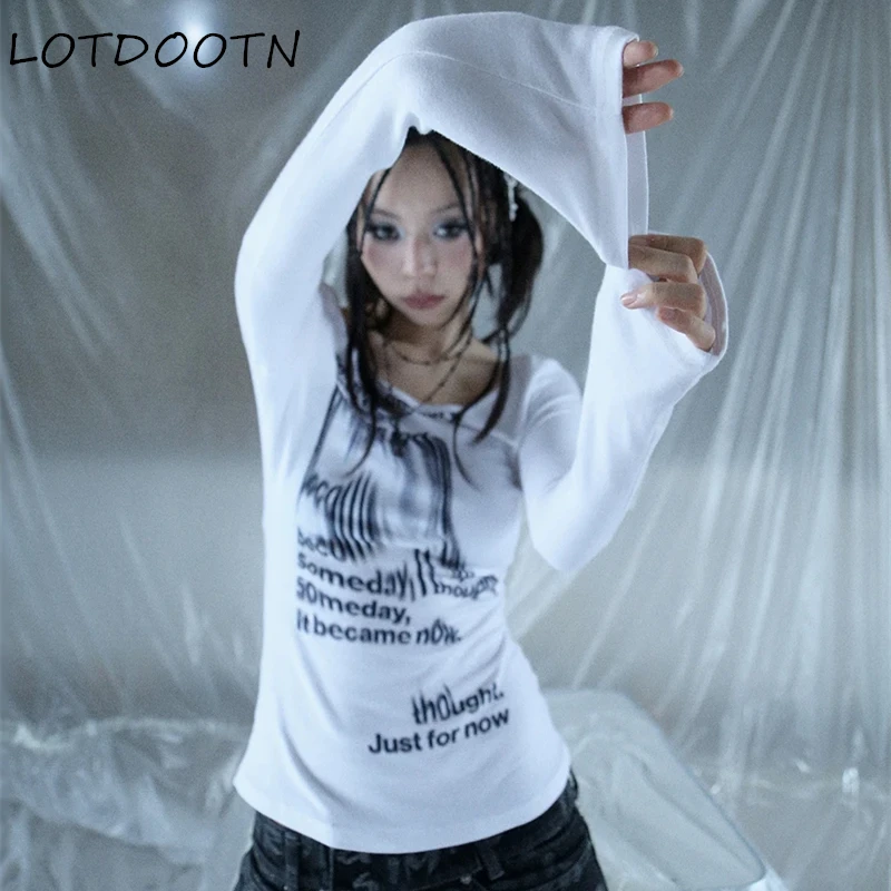 

LOTDOOTN Y2k Aesthetics Футболки с длинными рукавами и принтом в стиле гранж Корейская модная футболка с графическим рисунком Y2k Aesthetics Kpop Топ Сексуальная тонкая уличная одежда
