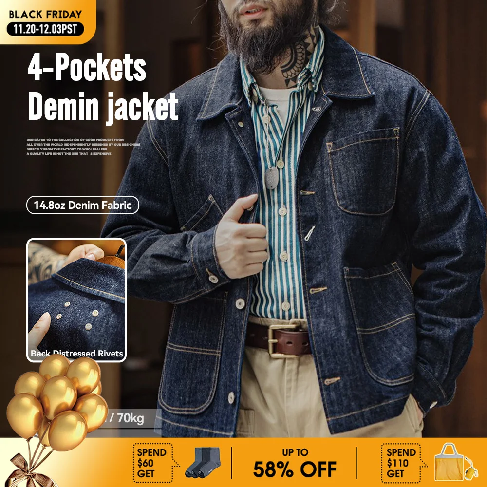 

Мужская винтажная куртка с 4 карманами, 14 Унций