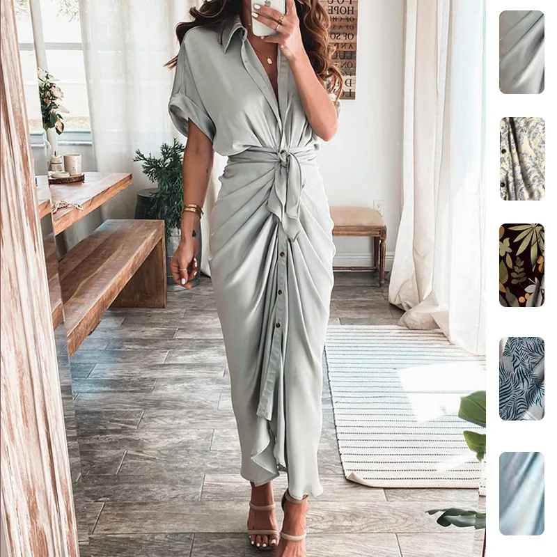 

Spring 2026 New Women's Dress Fashionable Asymmetrical Design Sexy Long Dress High Waist Slim Fit V-Neck Short Sleeve Casual ...