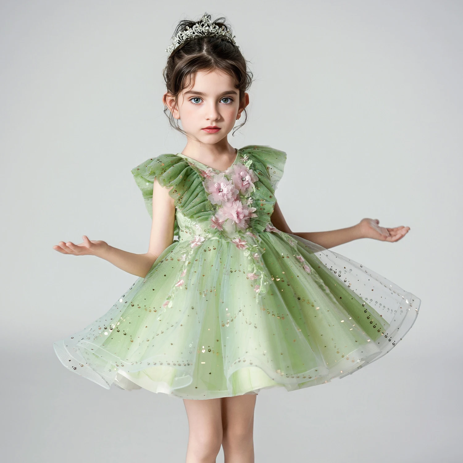 Fly Sleeve Wedding Birthday Green Dresses For Girls 2-8 Years Party Lace Tutu Christening Gown Kids Children Pageant Clothes