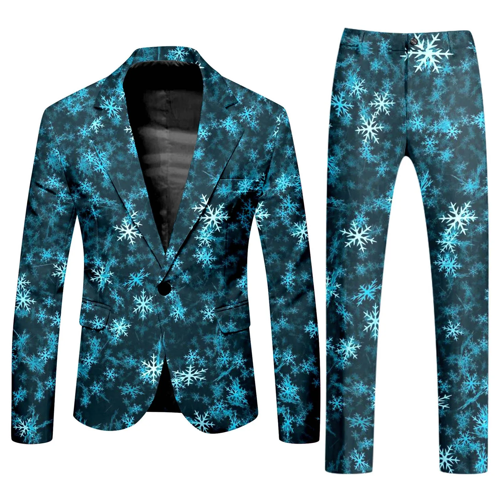 Snowflake Printed Christmas Slim Fit Comfy Suit Pants Set Men One Button Lapel Pocket Suits High Waist Trousers Two-Piece Suit