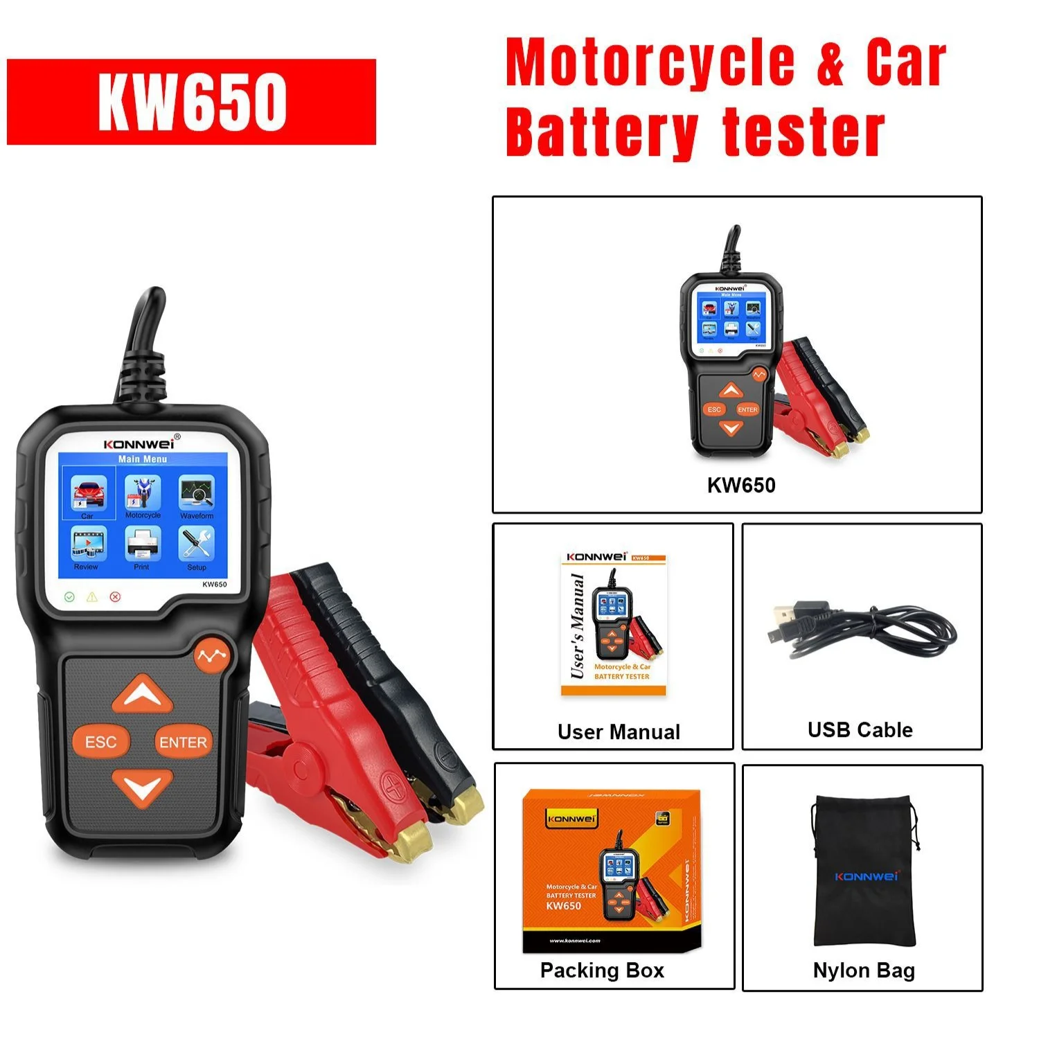 Lawn Mower Battery - KW650 เครื่องทดสอบแบตเตอรี่รถยนต์ 6V-12V สำหรับรถยนต์ รถจักรยานยนต์ เครื่องตัดหญ้า
