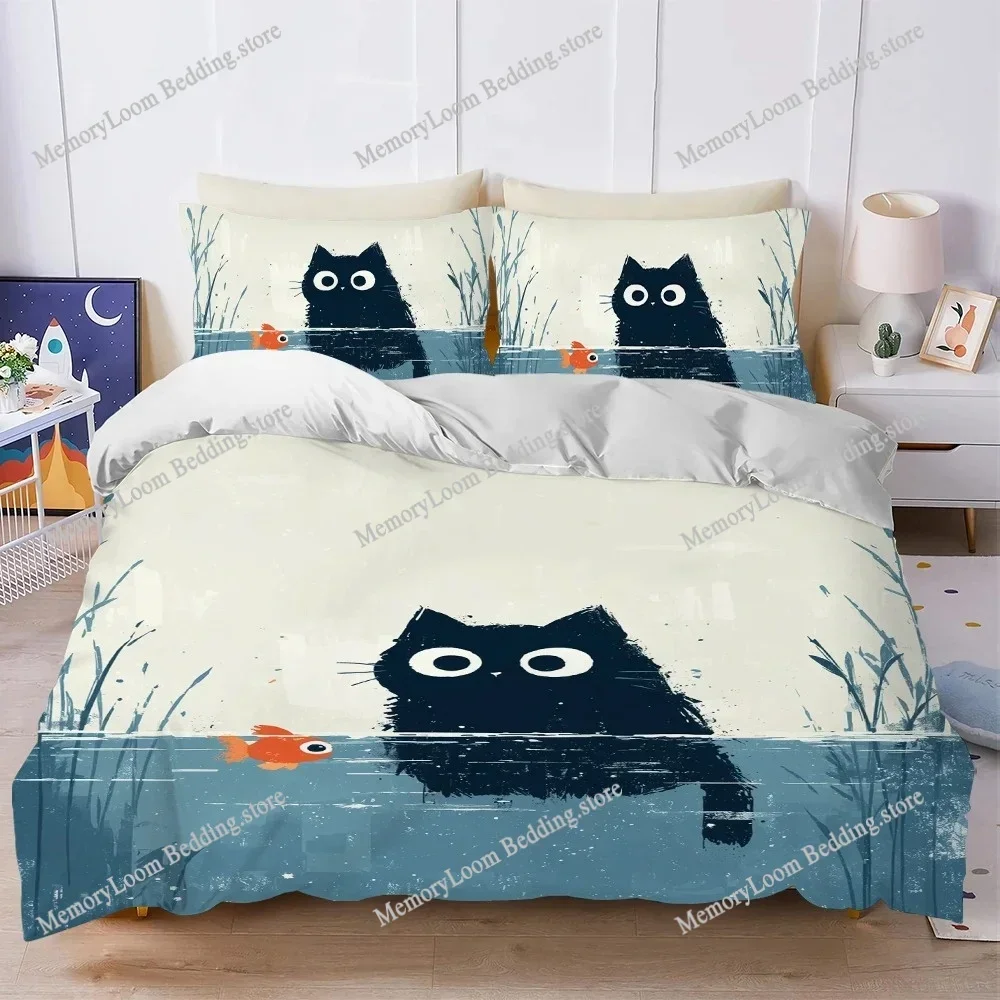 Cute Black Cat And Fish Duvet Cover Set Home Style Bedding Soft Laundry Cotton Bed Student Dormitory Gift Home Textileextile029